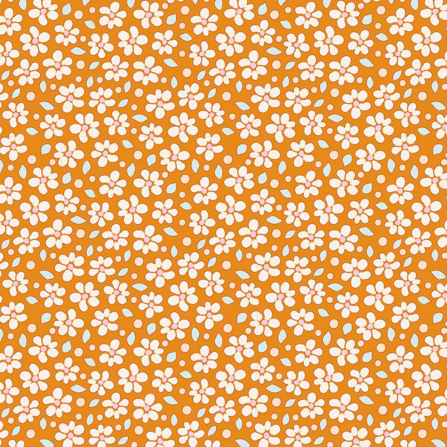 A repeating floral pattern featuring small white flowers with pink centers and light blue leaves on a solid orange background.
Photo by Tildafabrics.com [image_link]