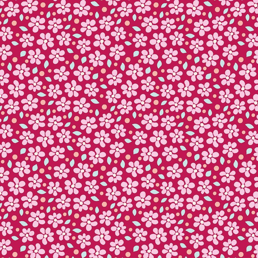 A repeating floral pattern on a bright pink background, featuring light pink cherry blossoms, small pale blue leaves, and scattered peach and light blue dots.
Photo by Tildafabrics.com [image_link]