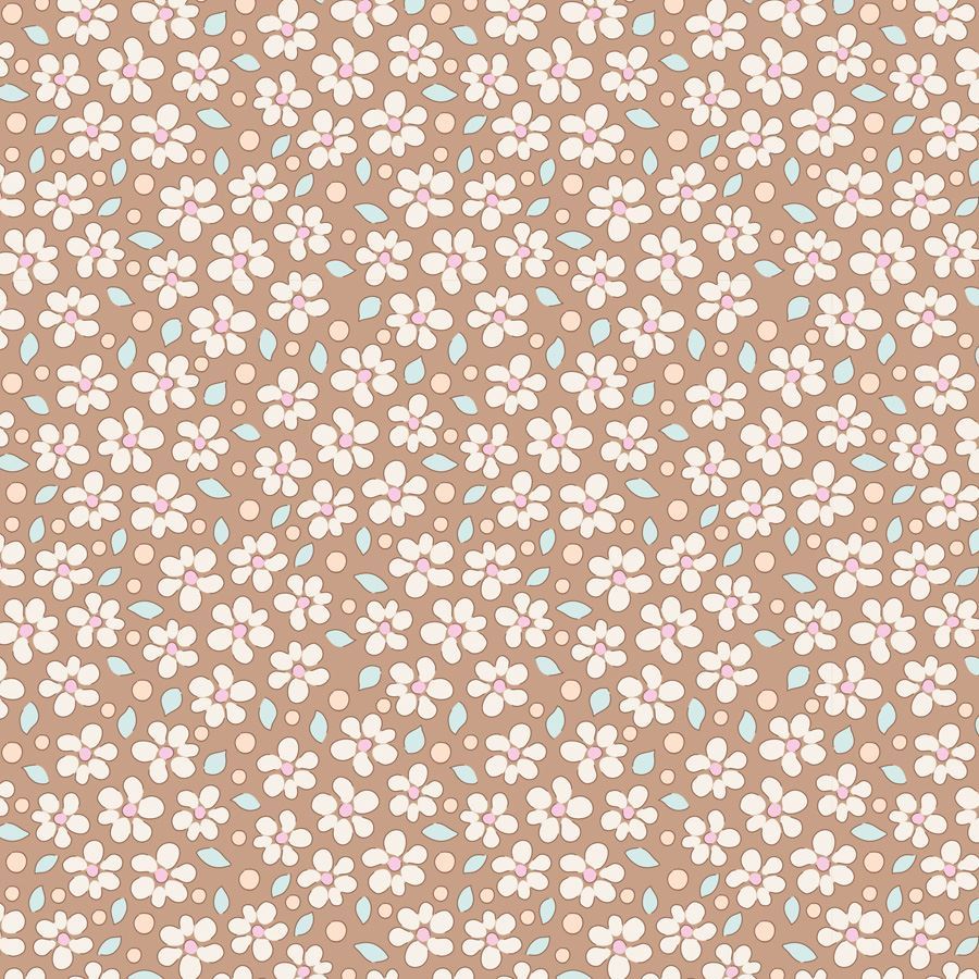 A repeating floral pattern featuring small white blossoms with pink centers, scattered pale blue leaves, and light beige dots on a warm tan background.
Photo by Tildafabrics.com [image_link]