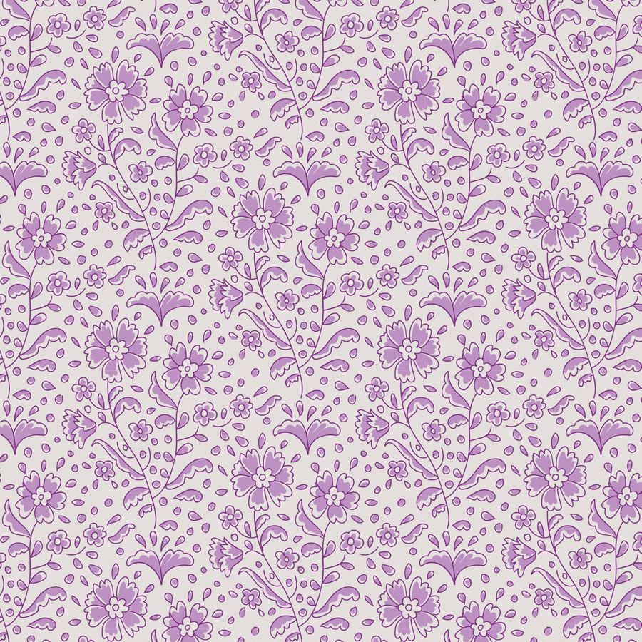 A repeating floral pattern in lavender purple on a warm off-white background, featuring stylized flowers, stems, leaves, and small dots.
Photo by Tildafabrics.com [image_link]