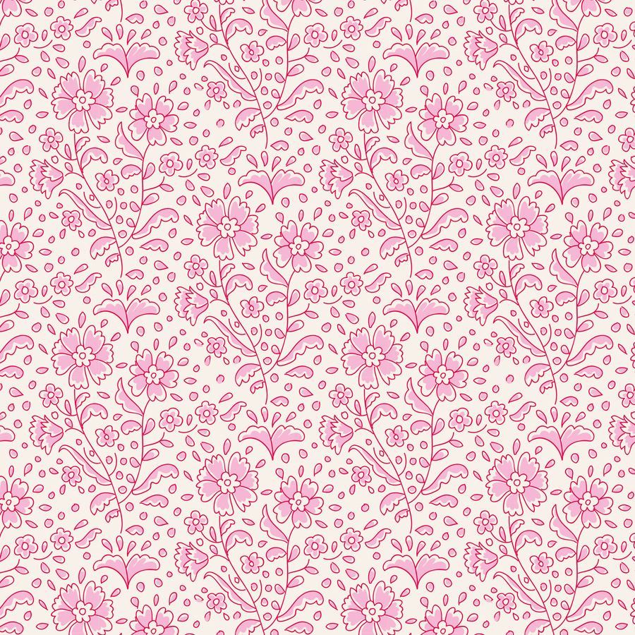 A repeating floral pattern with pink flowers and stems on a warm off-white background.
Photo by Tildafabrics.com [image_link]