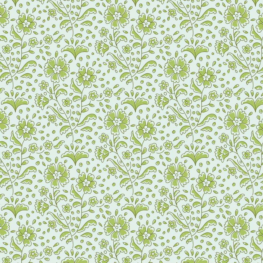 A repeating floral pattern featuring light green flowers, leaves, and small dots on a pale mint green background.
Photo by Tildafabrics.com [image_link]