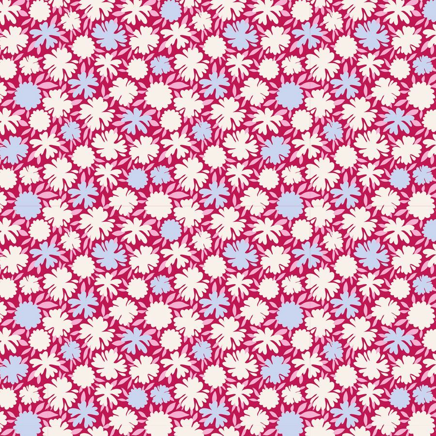 A repeating floral pattern featuring stylized daisy-like flowers in white and light blue on a bright pink background.
Photo by Tildafabrics.com [image_link]