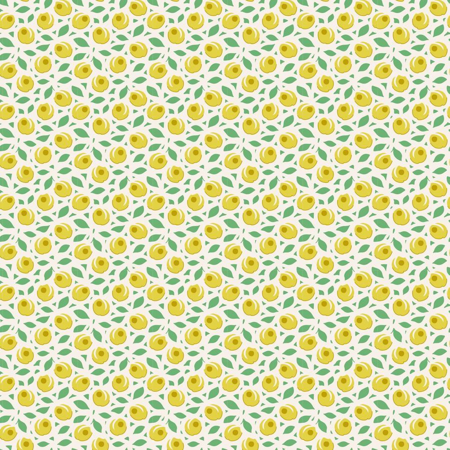 A repeating watercolor-style pattern of yellow lemons with green leaves on a white background.
Photo by Tildafabrics.com [image_link]