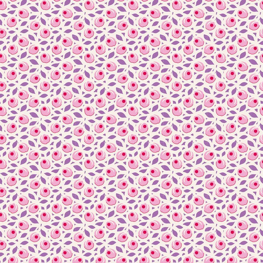 A repeating seamless pattern featuring pink and purple stylized floral motifs on a white background.
Photo by Tildafabrics.com [image_link]