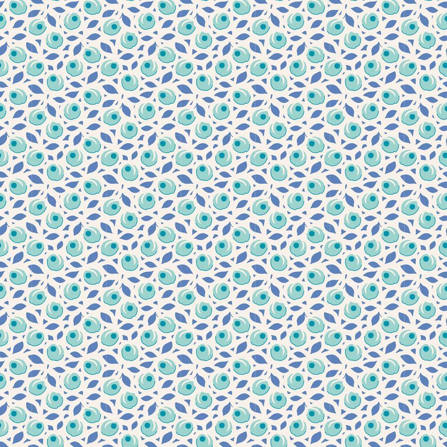 A seamless repeating pattern featuring light blue and teal circular motifs with small blue leaf-like shapes on a white background.
Photo by Tildafabrics.com [image_link]