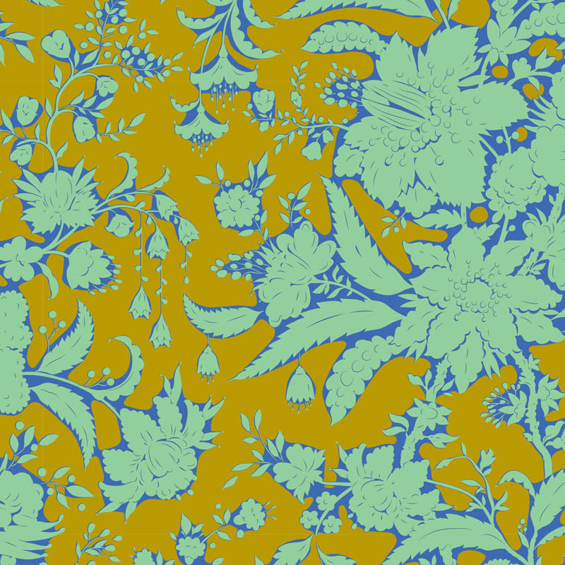 Floral pattern with green and blue colors on a dijon background.
Photo by Tildafabrics.com [additional_image_link]
