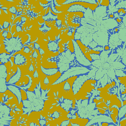Floral pattern with green and blue colors on a dijon background.
Photo by Tildafabrics.com [additional_image_link]