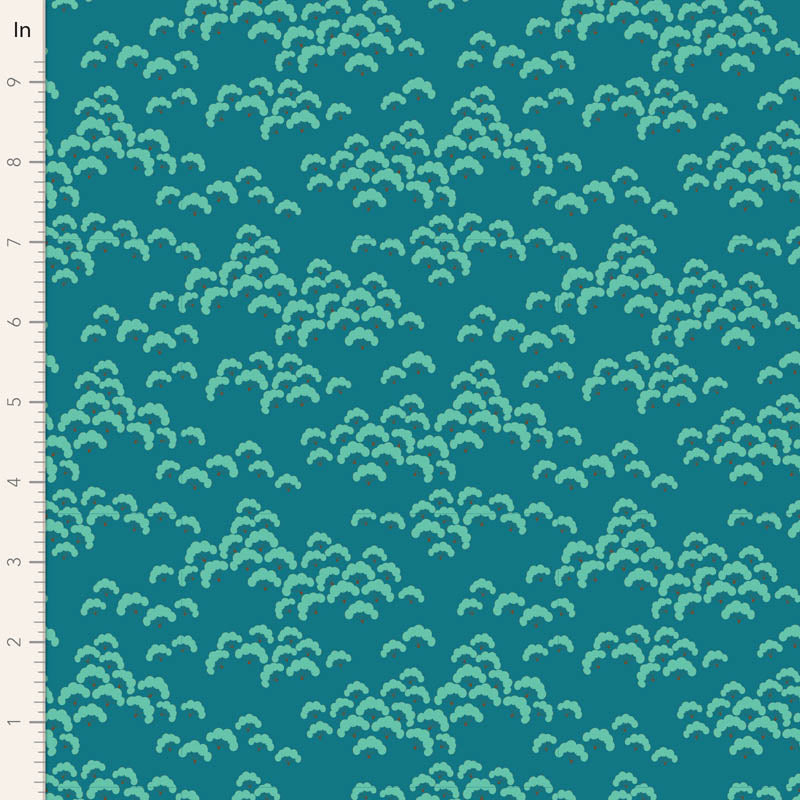 A close-up of a teal fabric or wallpaper pattern with repeating light aqua wave-like motifs and a white measurement ruler along the left edge.
Photo by Tildafabrics.com [image_link]