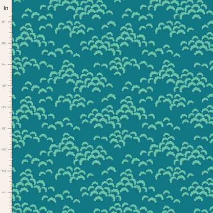 A close-up of a teal fabric or wallpaper pattern with repeating light aqua wave-like motifs and a white measurement ruler along the left edge.
Photo by Tildafabrics.com [image_link]