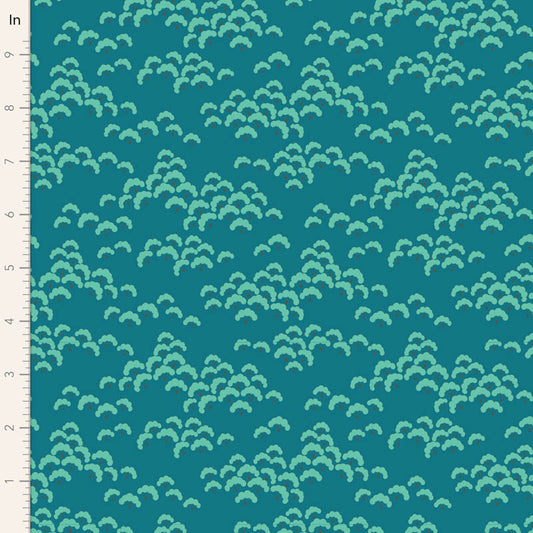 A close-up of a teal fabric or wallpaper pattern with repeating light aqua wave-like motifs and a white measurement ruler along the left edge.
Photo by Tildafabrics.com [image_link]