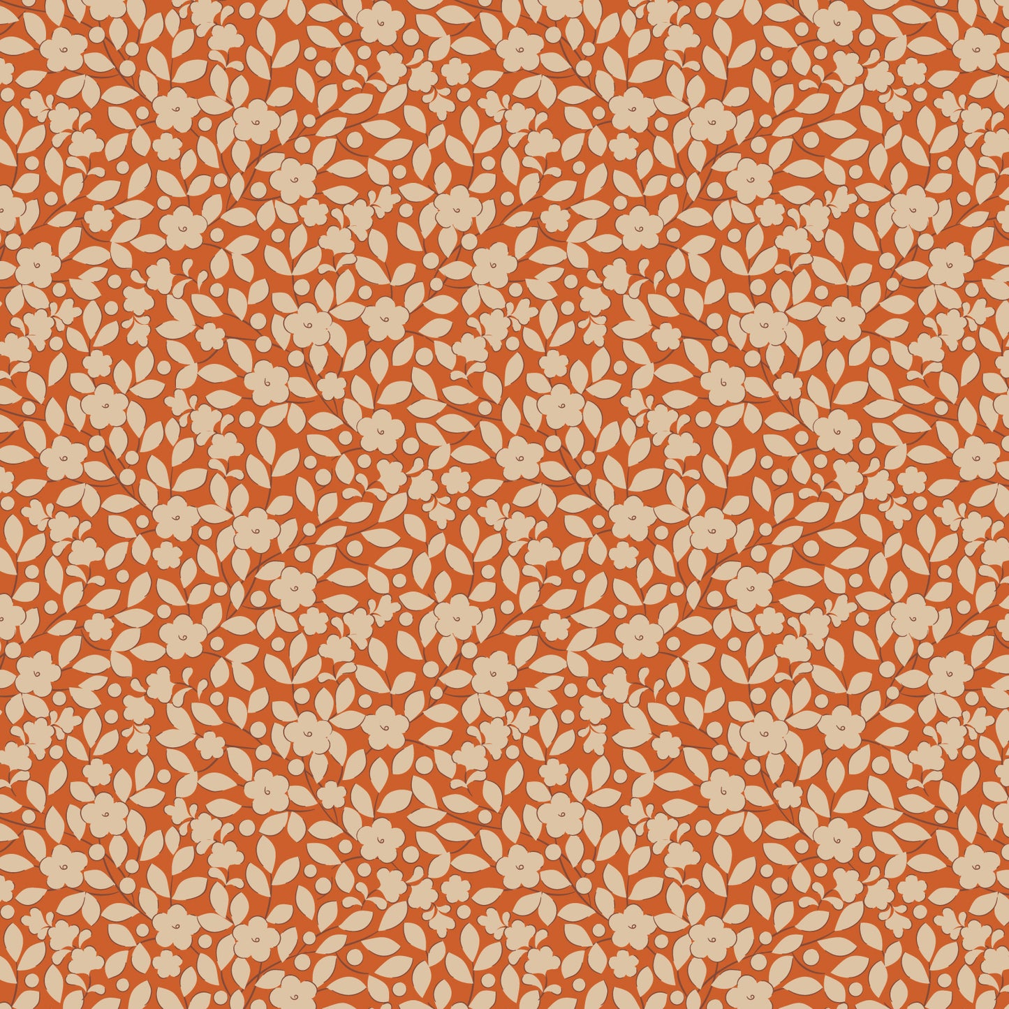 A fabric with an autumn color theme featuring ginger-colored leaves on an orange background.
Photo by Tildafabrics.com [image_link]