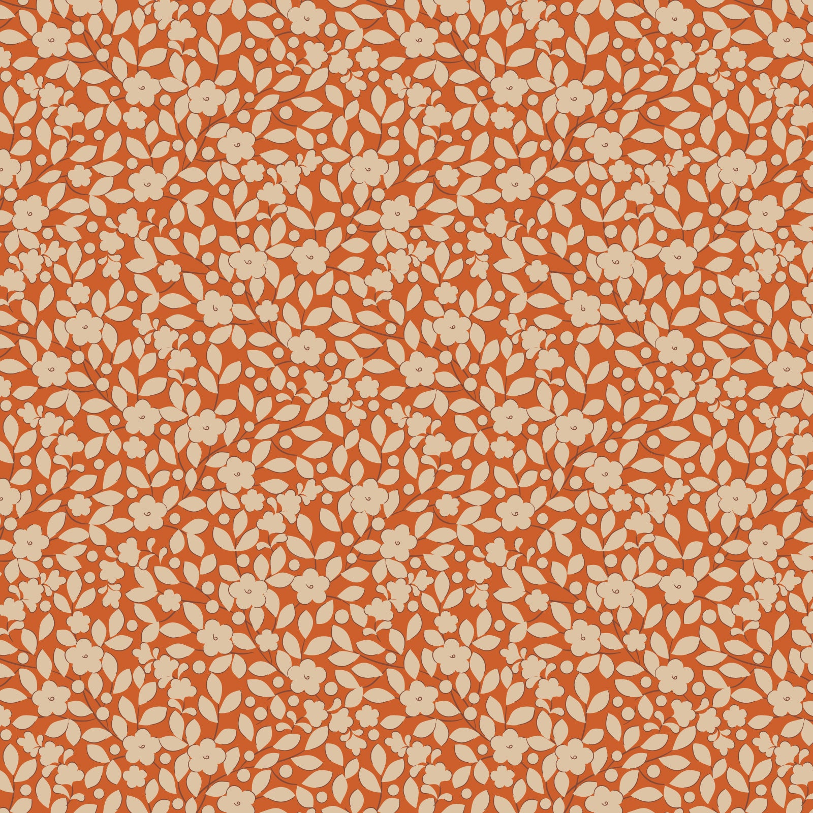 A fabric with an autumn color theme featuring ginger-colored leaves on an orange background.
Photo by Tildafabrics.com [image_link]