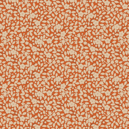 A fabric with an autumn color theme featuring ginger-colored leaves on an orange background.
Photo by Tildafabrics.com [image_link]