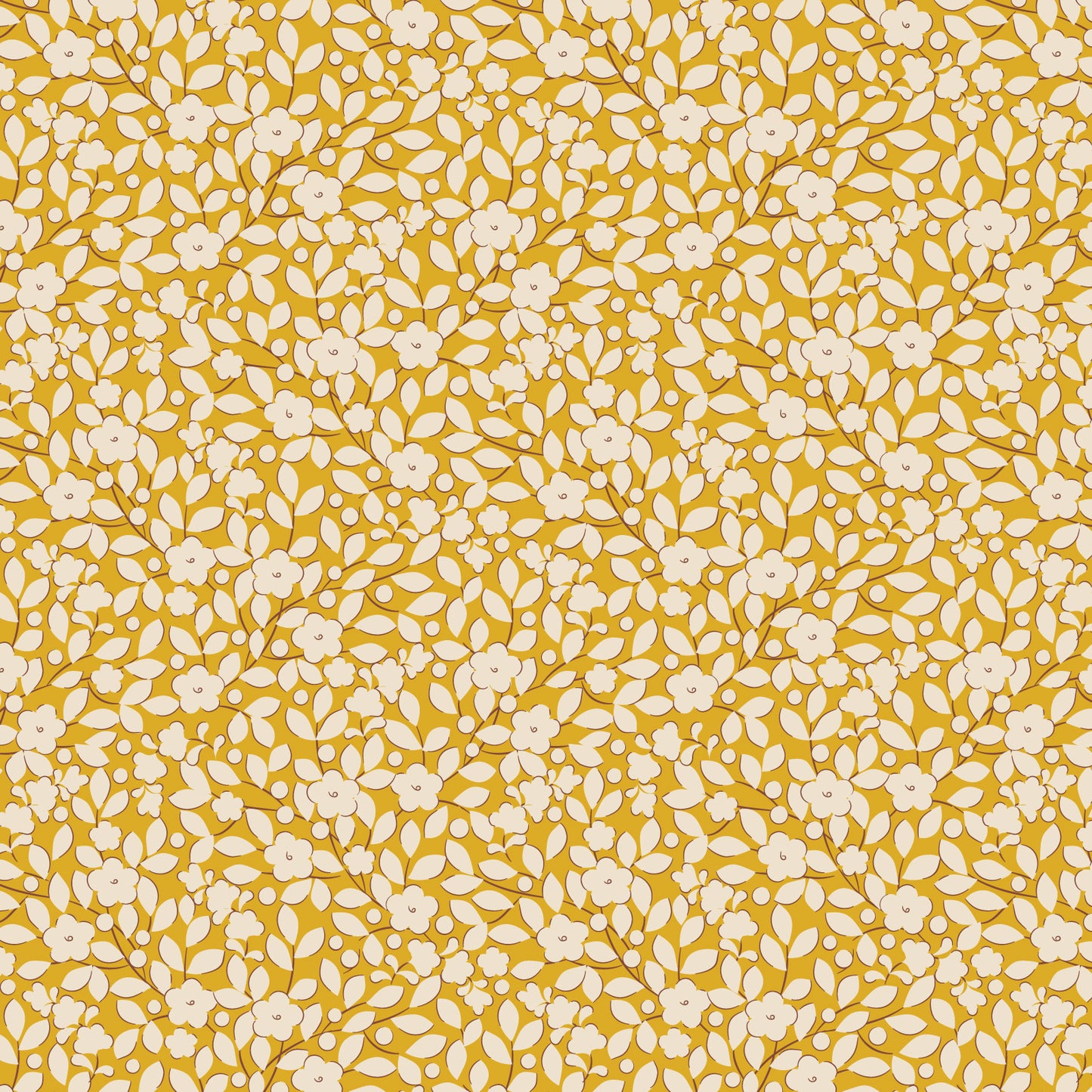 A close-up view of a fabric featuring a yellow floral pattern within a larger pattern of the same color.
Photo by Tildafabrics.com [image_link]