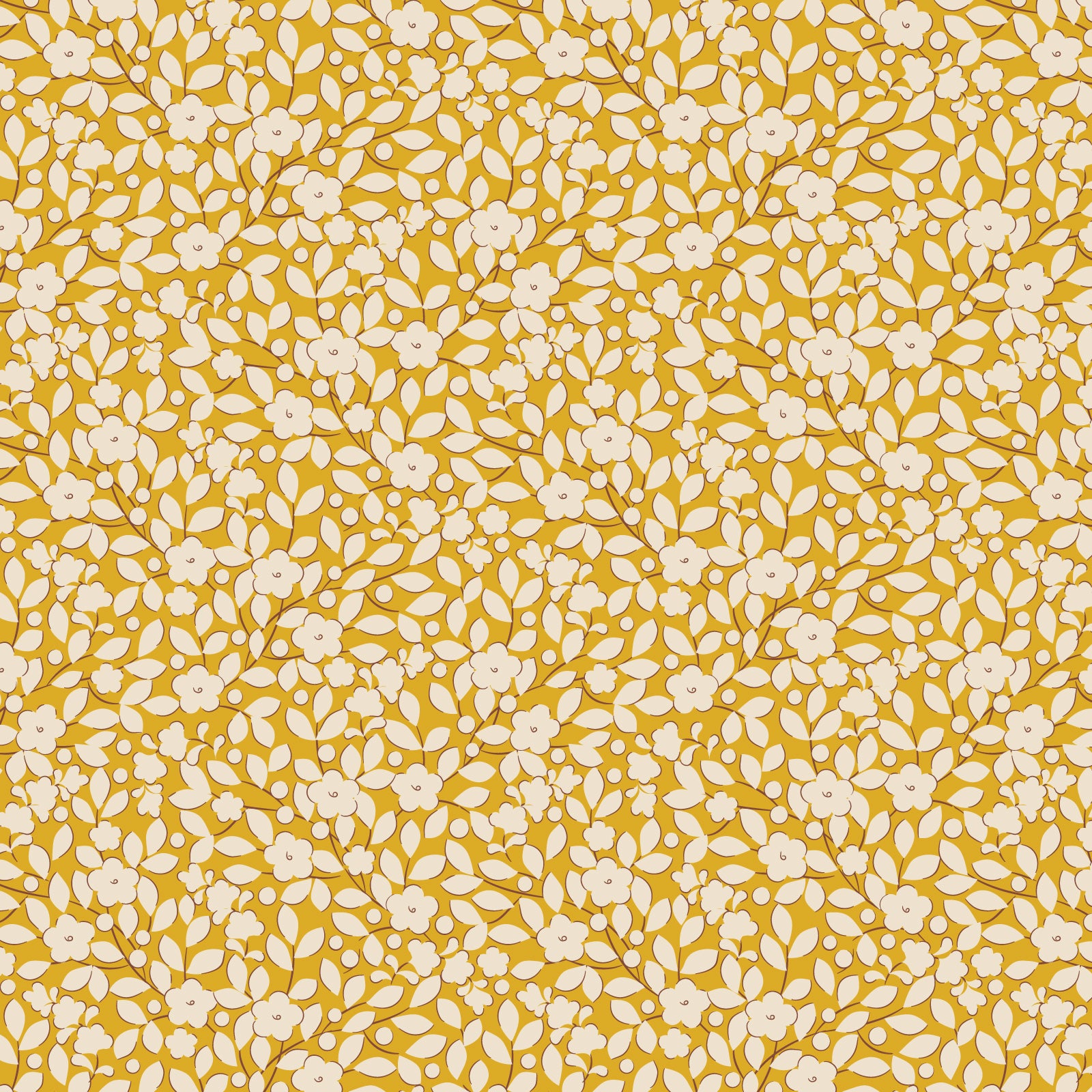 A close-up view of a fabric featuring a yellow floral pattern within a larger pattern of the same color.
Photo by Tildafabrics.com [image_link]