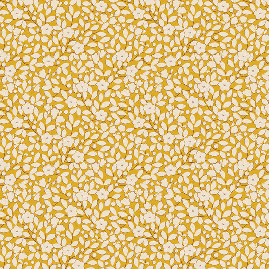 A close-up view of a fabric featuring a yellow floral pattern within a larger pattern of the same color.
Photo by Tildafabrics.com [image_link]