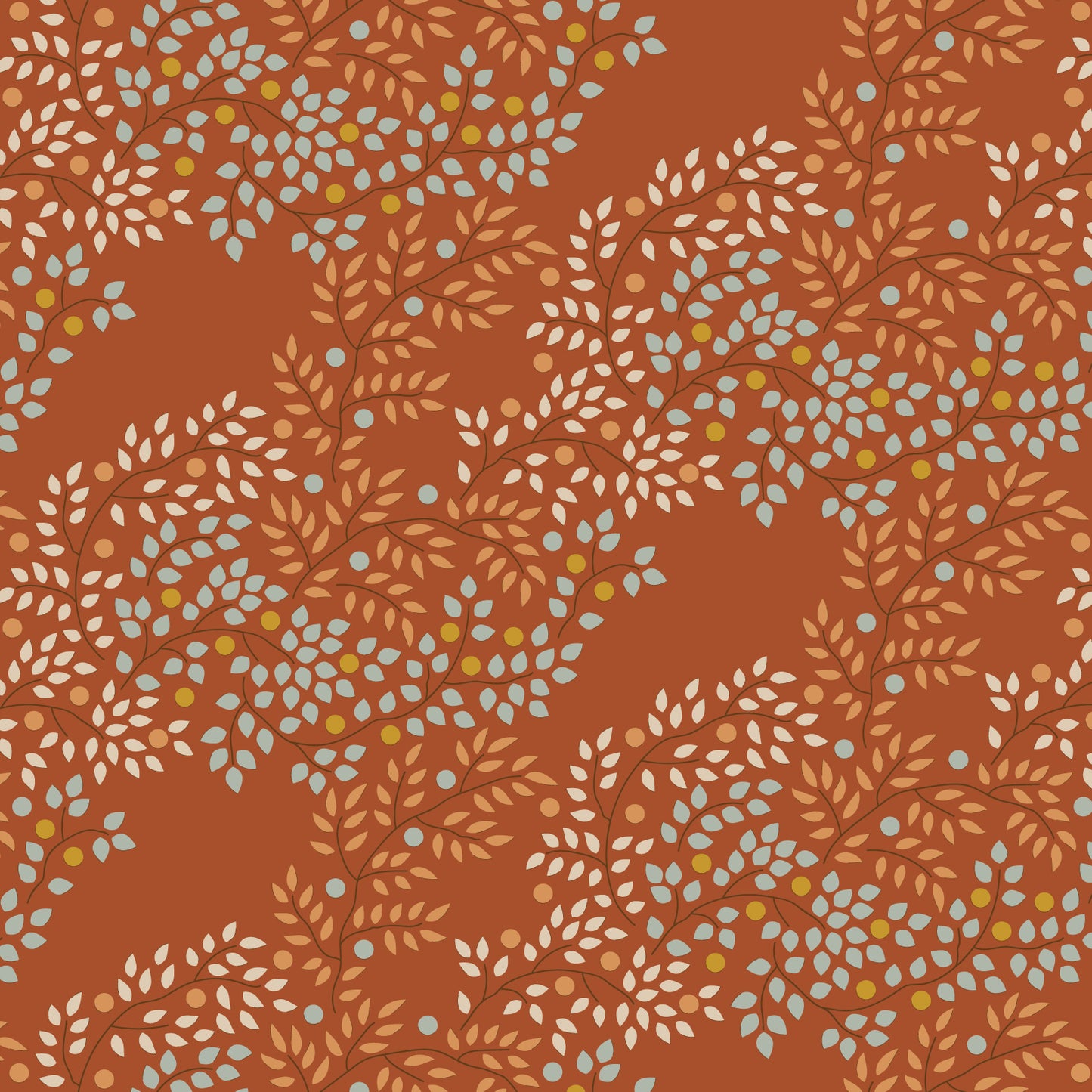 A repeating botanical pattern featuring stylized leaves and small dots in pale blue, cream, and mustard yellow on a warm terracotta orange background.
Photo by Tildafabrics.com [image_link]