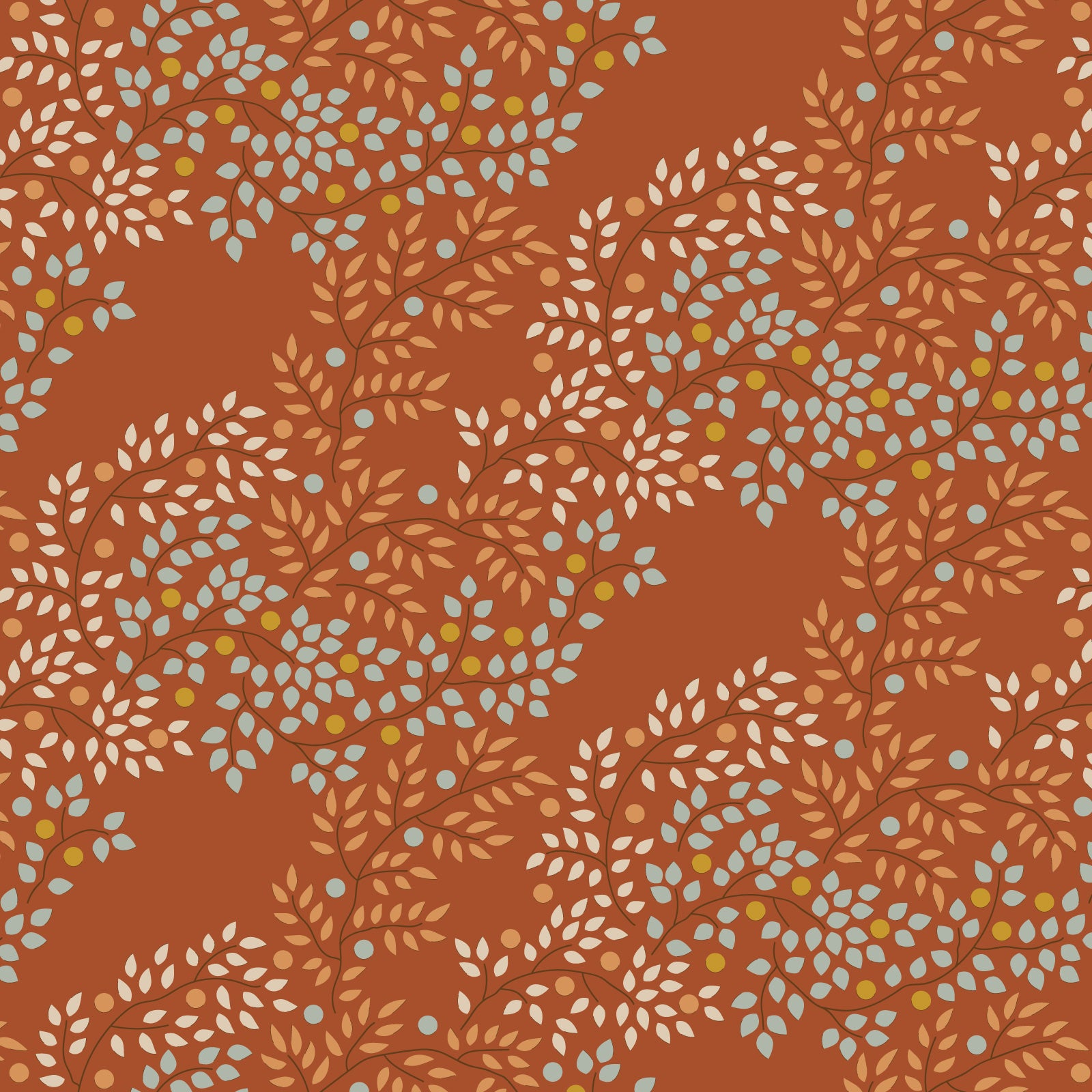 A repeating botanical pattern featuring stylized leaves and small dots in pale blue, cream, and mustard yellow on a warm terracotta orange background.
Photo by Tildafabrics.com [image_link]