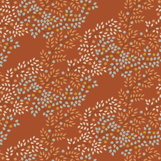 A repeating botanical pattern featuring stylized leaves and small dots in pale blue, cream, and mustard yellow on a warm terracotta orange background.
Photo by Tildafabrics.com [image_link]