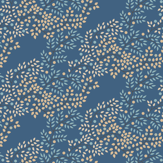 A yardage of blue fabric with a floral pattern consisting of small yellow and green leaves.
Photo by Tildafabrics.com [image_link]