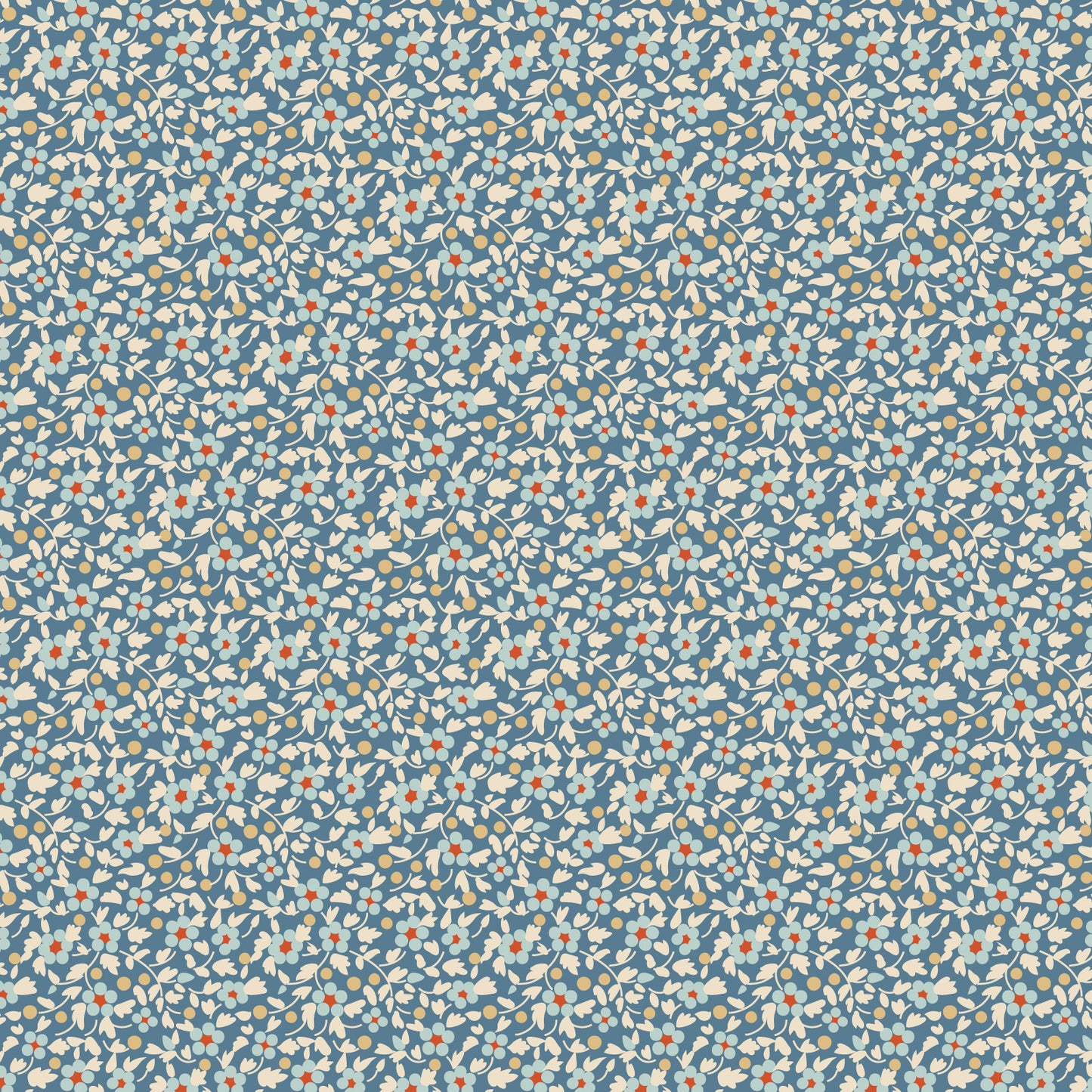 A repeating floral pattern featuring small white flowers with orange centers on a dusty blue background.
Photo by Tildafabrics.com [image_link]