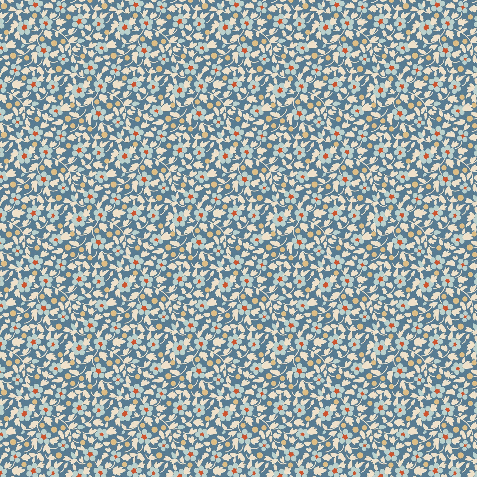 A repeating floral pattern featuring small white flowers with orange centers on a dusty blue background.
Photo by Tildafabrics.com [image_link]