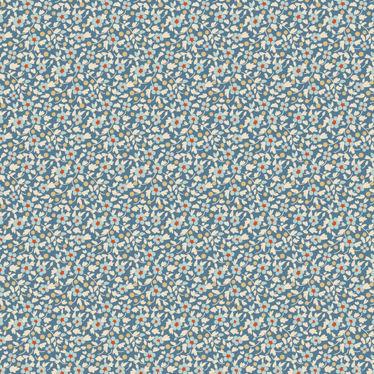 A repeating floral pattern featuring small white flowers with orange centers on a dusty blue background.
Photo by Tildafabrics.com [image_link]