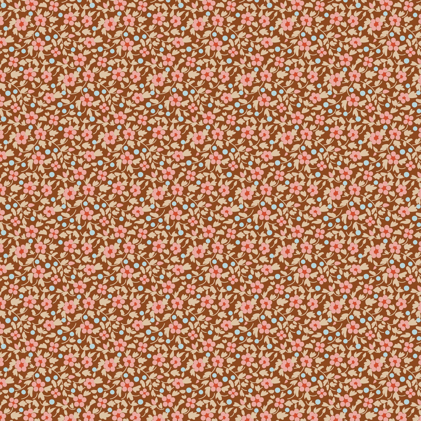 A textured brown fabric with a floral pattern in shades of brown, blue-grey, and green.
Photo by Tildafabrics.com [image_link]