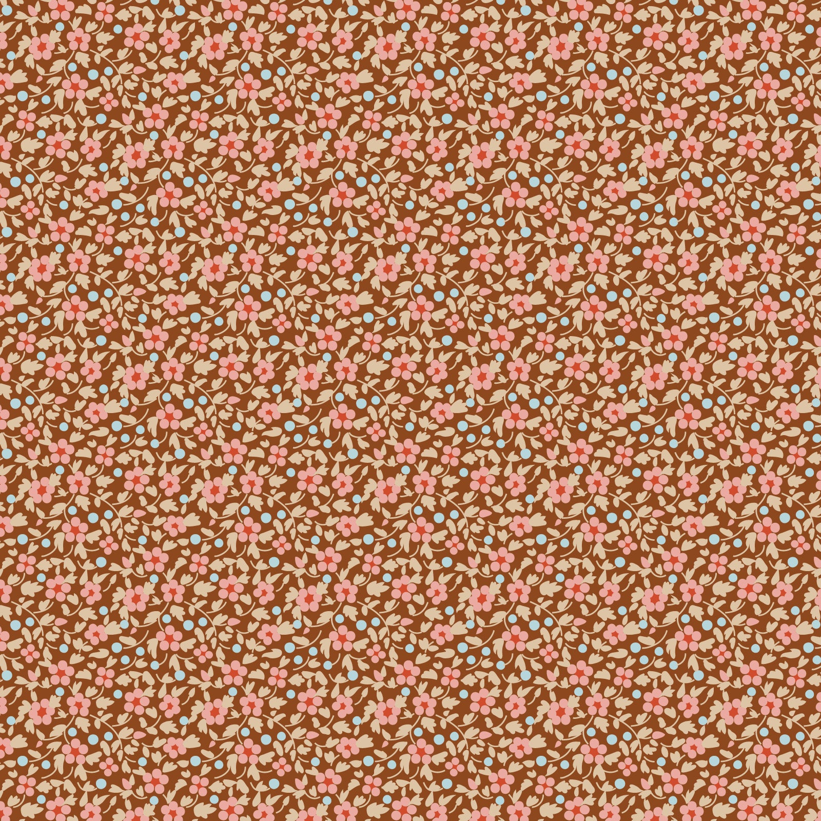 A textured brown fabric with a floral pattern in shades of brown, blue-grey, and green.
Photo by Tildafabrics.com [image_link]