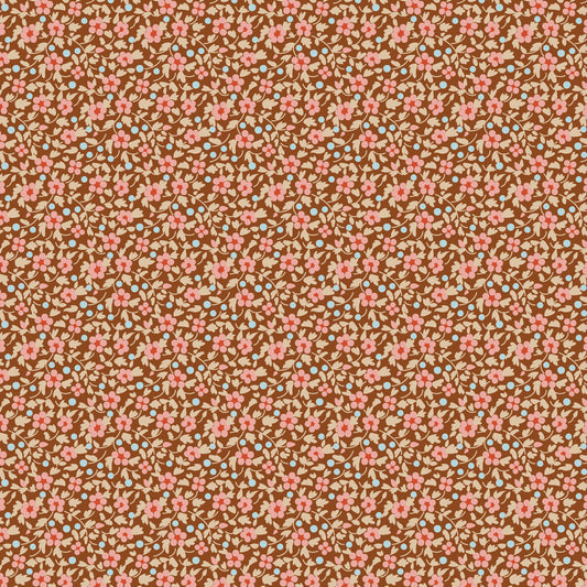 A textured brown fabric with a floral pattern in shades of brown, blue-grey, and green.
Photo by Tildafabrics.com [image_link]