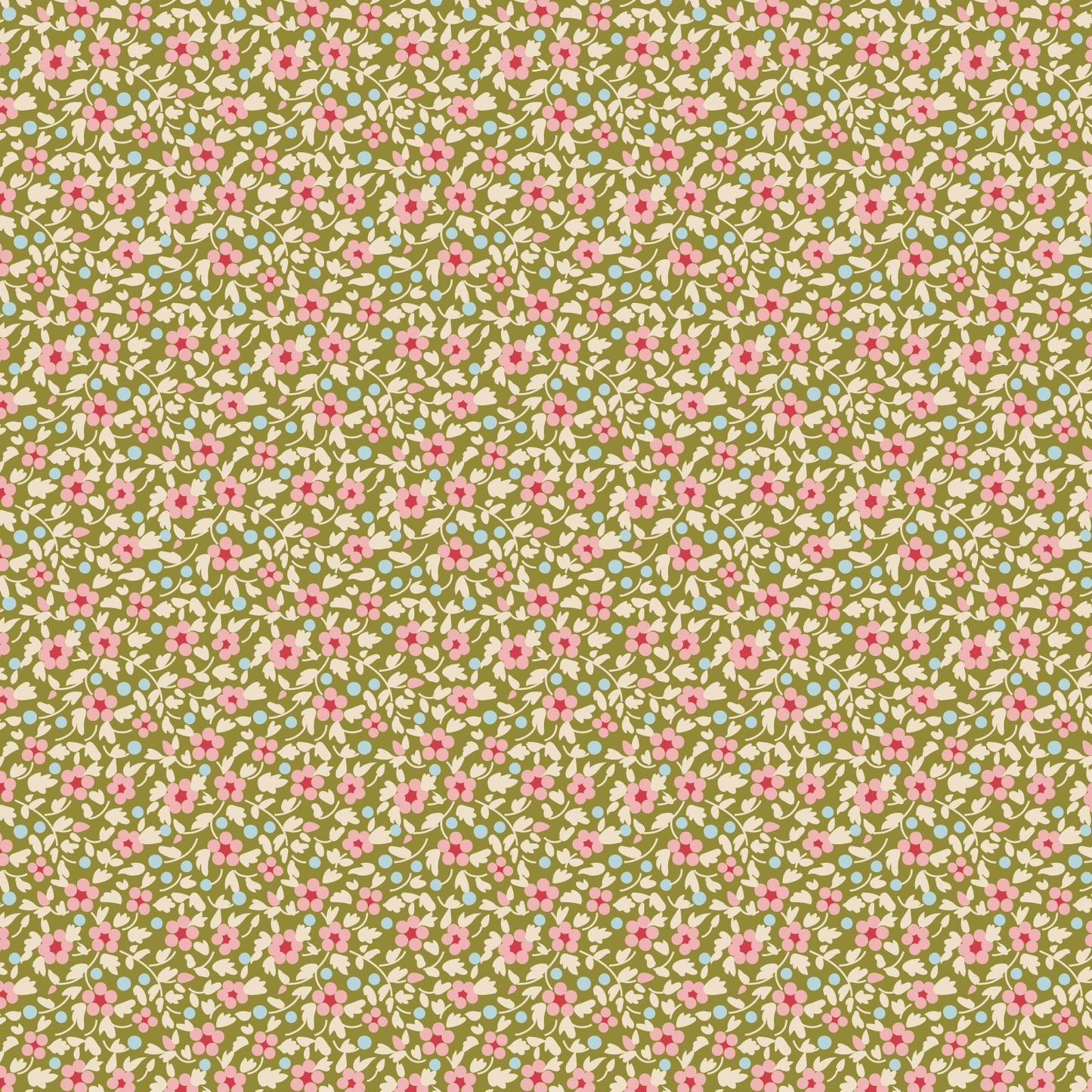 A section of fabric from the Tilda Creating Memories Brie Green collection, featuring a green floral pattern on a light green background.
Photo by Tildafabrics.com [image_link]
