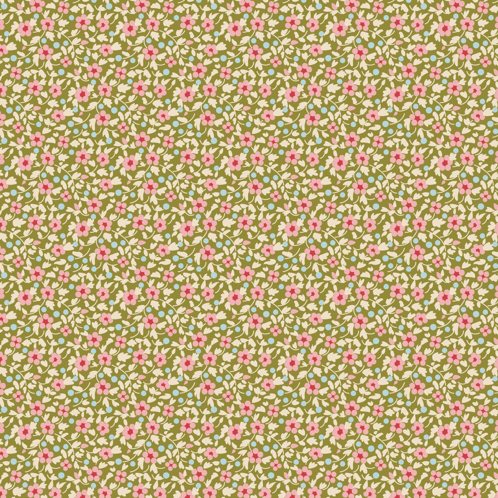 A section of fabric from the Tilda Creating Memories Brie Green collection, featuring a green floral pattern on a light green background.
Photo by Tildafabrics.com [image_link]