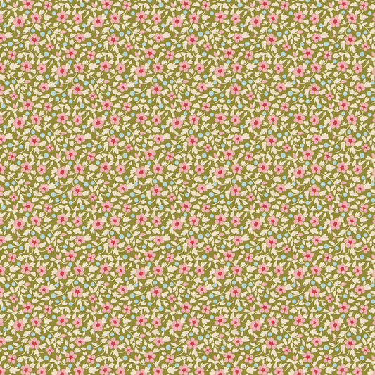 A section of fabric from the Tilda Creating Memories Brie Green collection, featuring a green floral pattern on a light green background.
Photo by Tildafabrics.com [image_link]