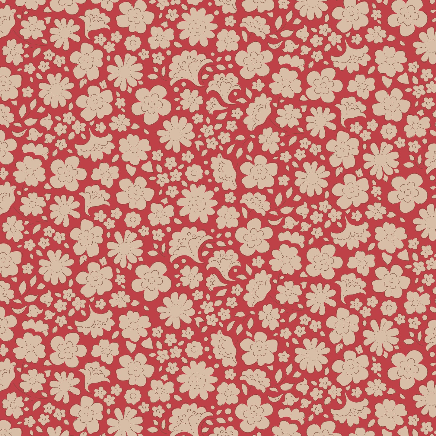 Floral pattern with beige flowers on a red background.
Photo by Tildafabrics.com [image_link]