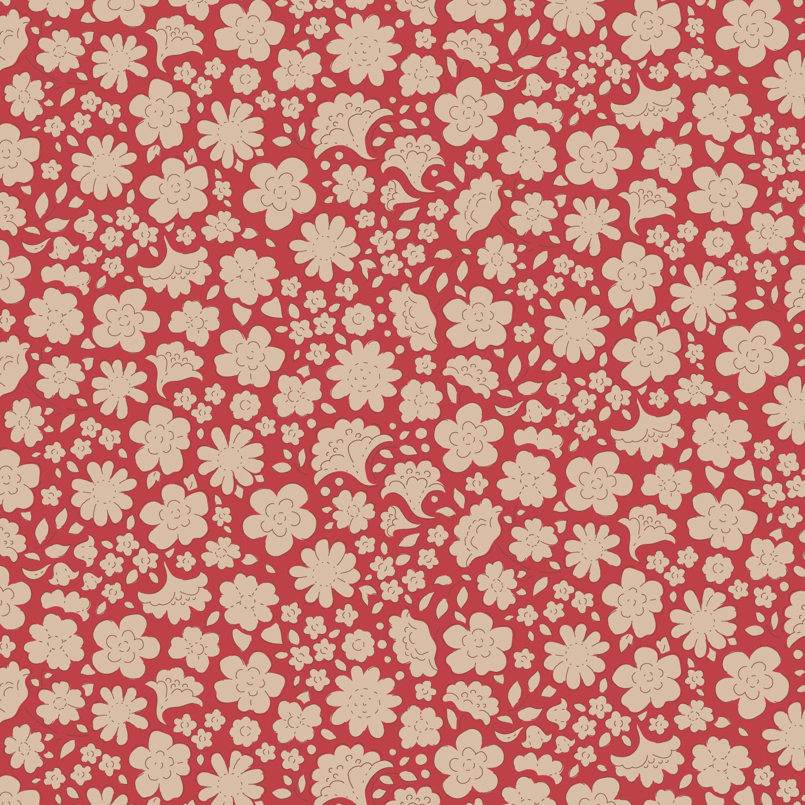 Floral pattern with beige flowers on a red background.
Photo by Tildafabrics.com [image_link]