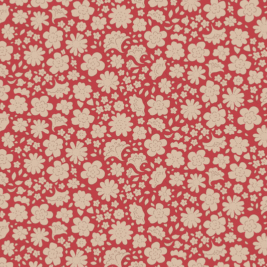 Floral pattern with beige flowers on a red background.
Photo by Tildafabrics.com [image_link]