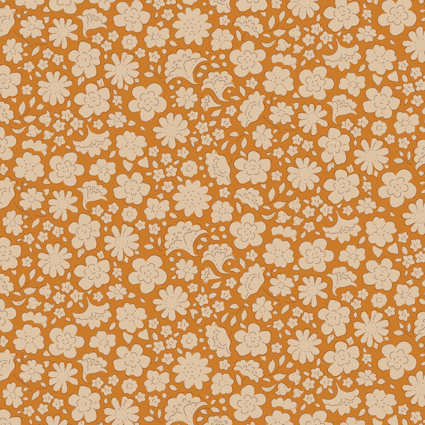 A fabric from the Tilda Creating Memories collection featuring a floral pattern in shades of saffron, brown, and rust.
Photo by Tildafabrics.com [image_link]