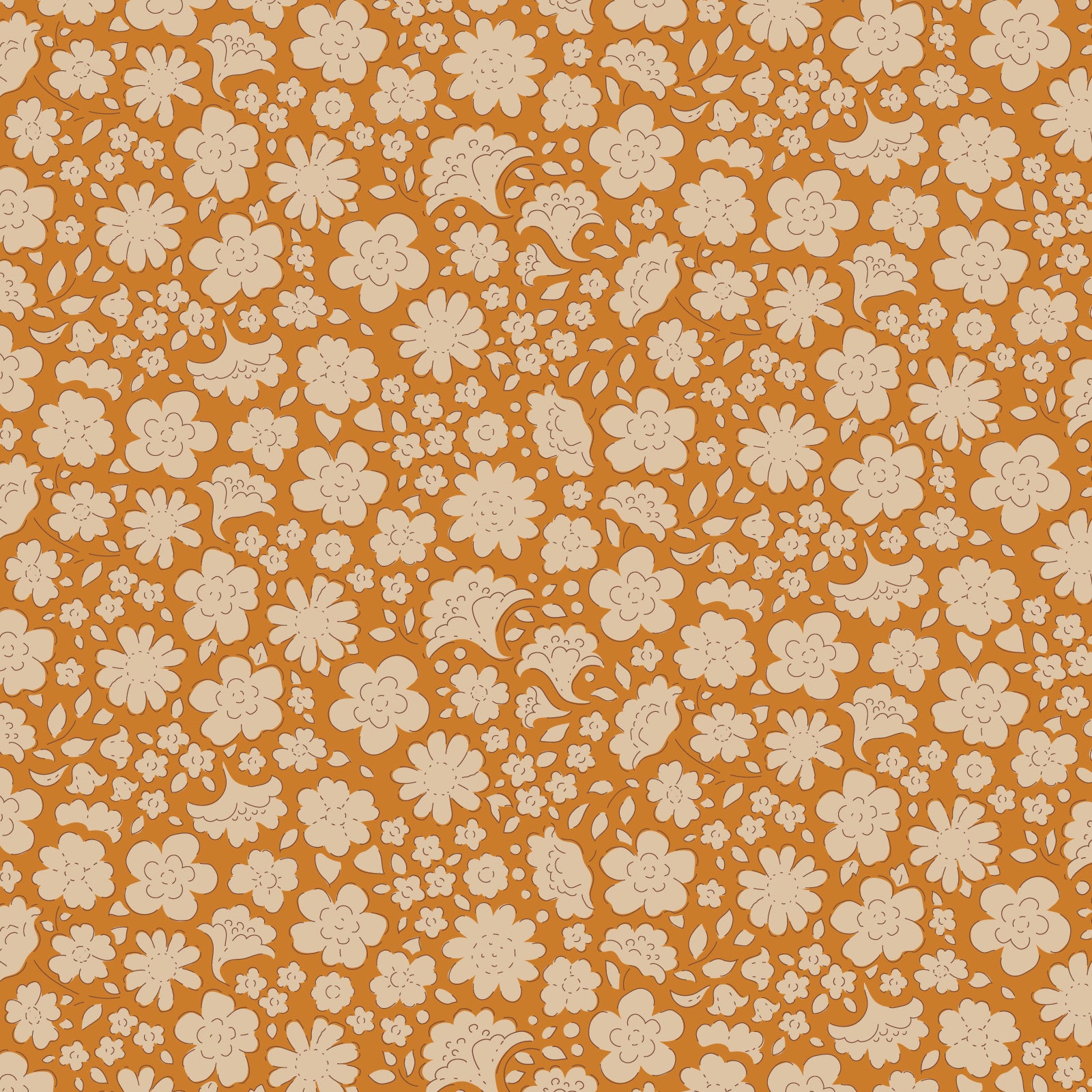 A fabric from the Tilda Creating Memories collection featuring a floral pattern in shades of saffron, brown, and rust.
Photo by Tildafabrics.com [image_link]