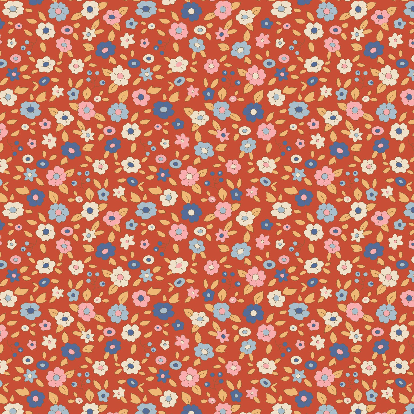 A fabric from the Tilda Fabrics' Creating Memories Evie Rust collection, featuring a floral pattern with ginger, saffron, brown, and rust-colored flowers on an orange background.
Photo by Tildafabrics.com [image_link]