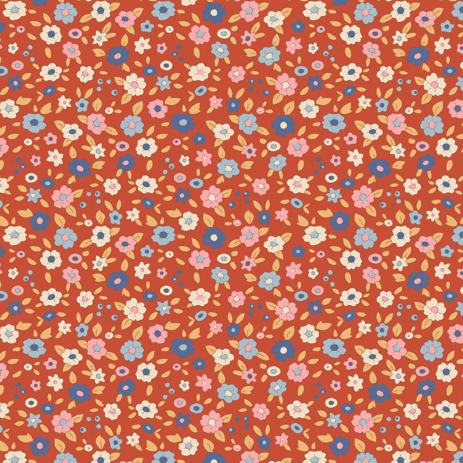 A fabric from the Tilda Fabrics' Creating Memories Evie Rust collection, featuring a floral pattern with ginger, saffron, brown, and rust-colored flowers on an orange background.
Photo by Tildafabrics.com [image_link]