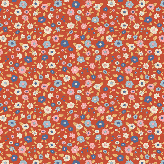 A fabric from the Tilda Fabrics' Creating Memories Evie Rust collection, featuring a floral pattern with ginger, saffron, brown, and rust-colored flowers on an orange background.
Photo by Tildafabrics.com [image_link]