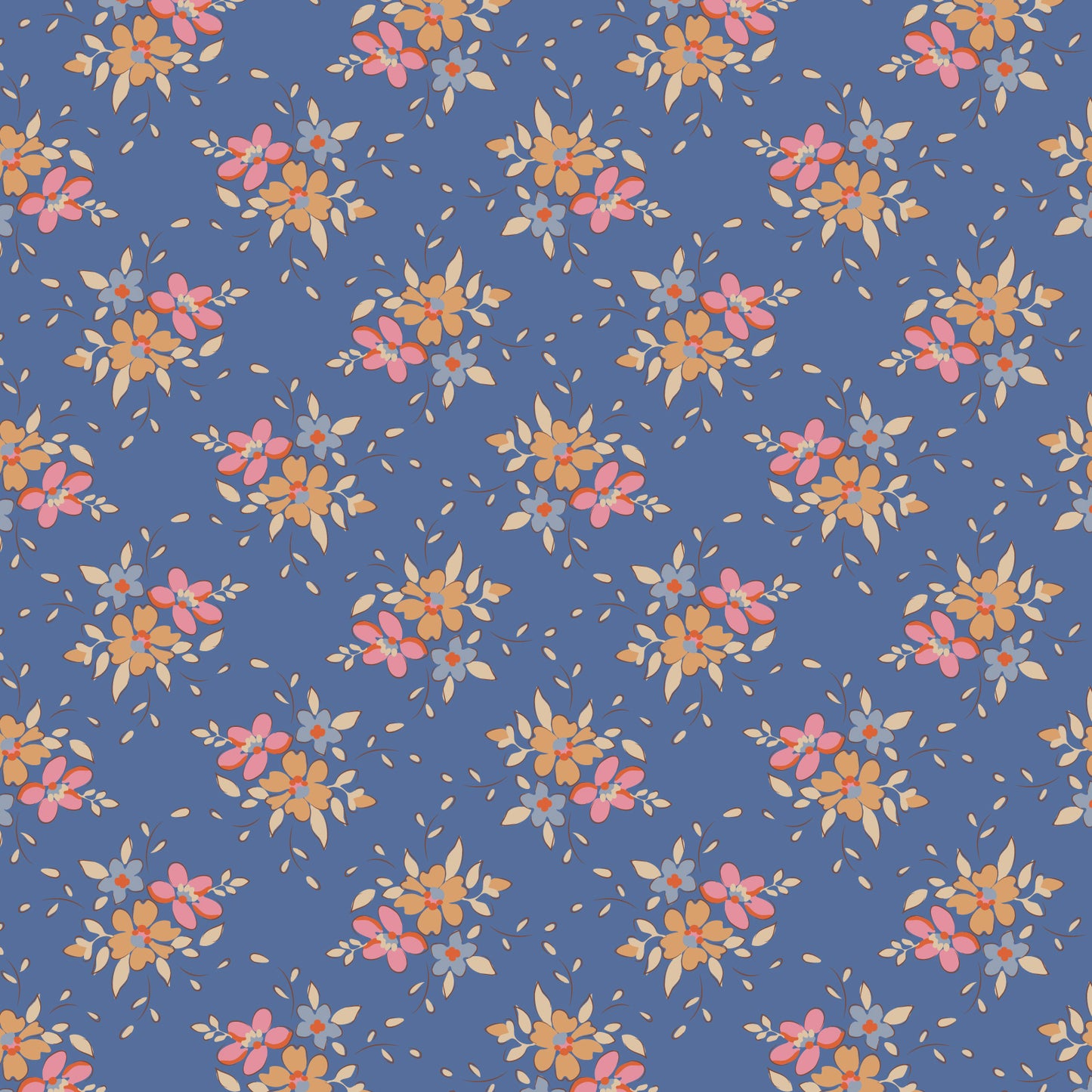 A repeating floral pattern on a dusty blue background, featuring small pink and orange flowers with yellow centers and pale beige leaves.
Photo by Tildafabrics.com [image_link]