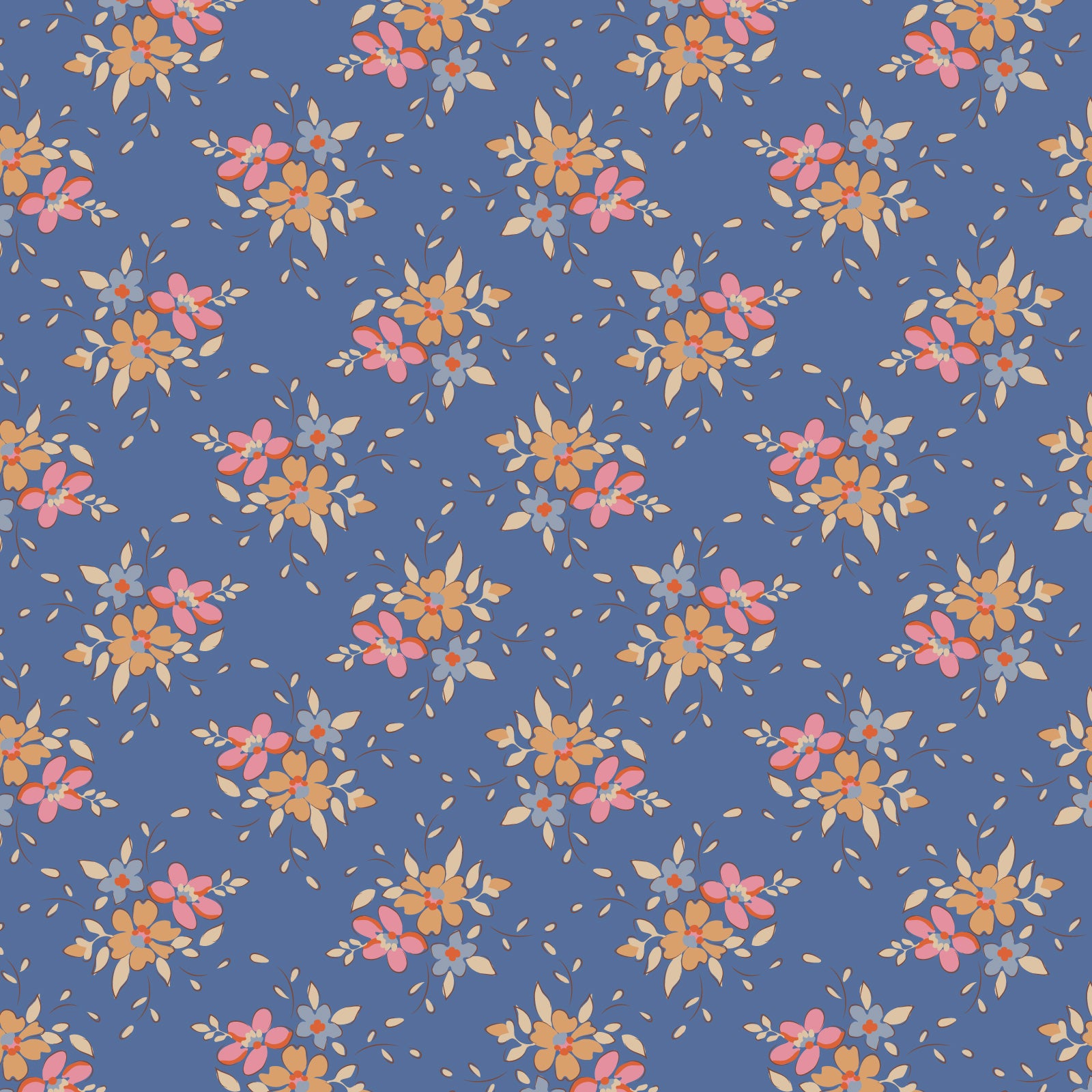 A repeating floral pattern on a dusty blue background, featuring small pink and orange flowers with yellow centers and pale beige leaves.
Photo by Tildafabrics.com [image_link]
