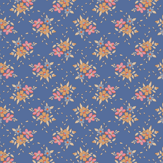A repeating floral pattern on a dusty blue background, featuring small pink and orange flowers with yellow centers and pale beige leaves.
Photo by Tildafabrics.com [image_link]