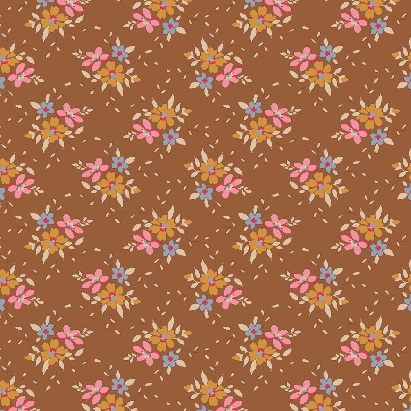 A repeating floral pattern on a warm brown background, featuring small pink, yellow, blue, and cream flowers arranged in rows.
Photo by Tildafabrics.com [image_link]