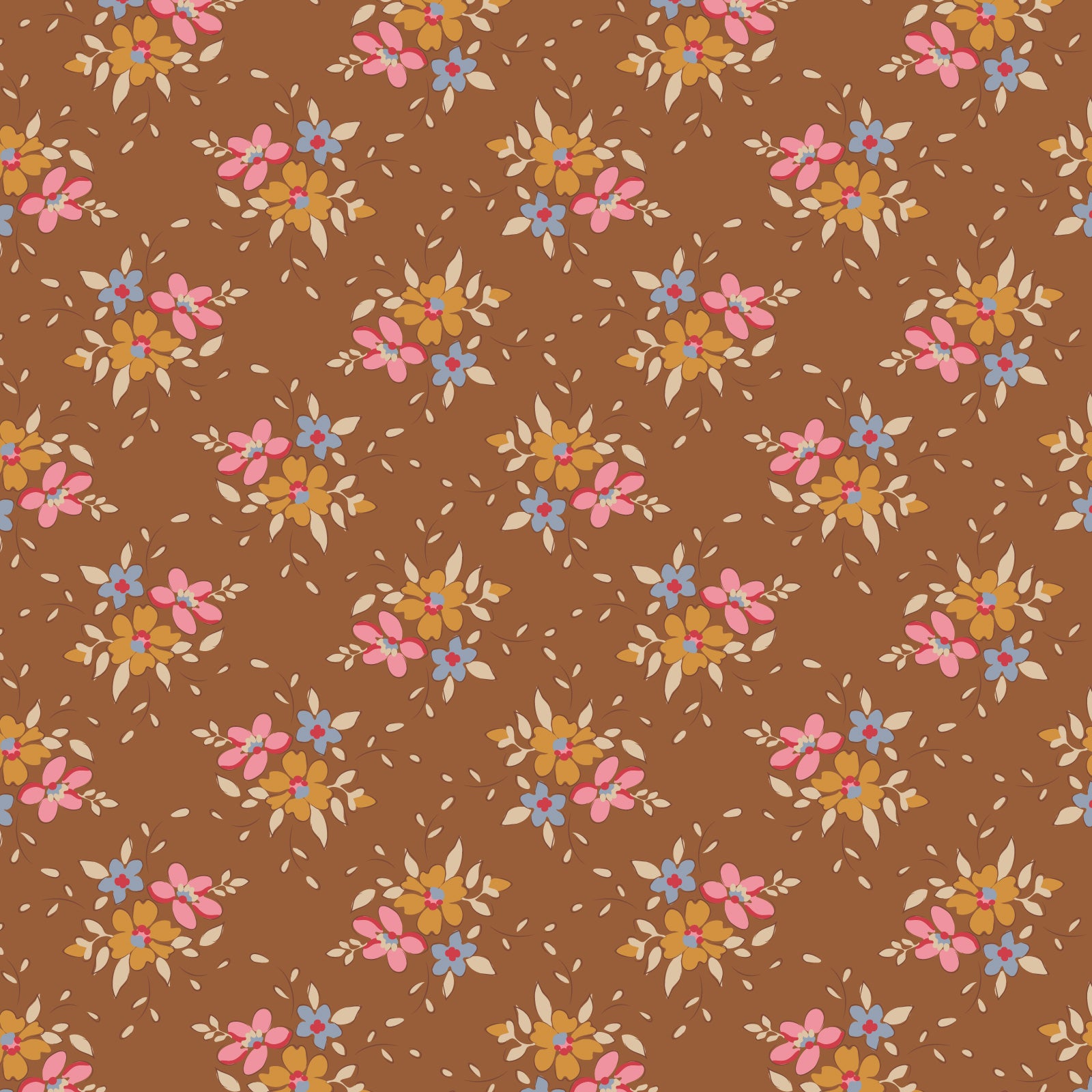 A repeating floral pattern on a warm brown background, featuring small pink, yellow, blue, and cream flowers arranged in rows.
Photo by Tildafabrics.com [image_link]
