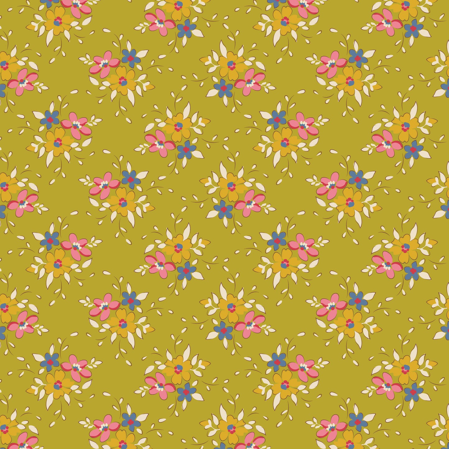 A repeating floral pattern on a lime green background, featuring pink and orange flowers with blue centers and small white leaf-like accents.
Photo by Tildafabrics.com [image_link]