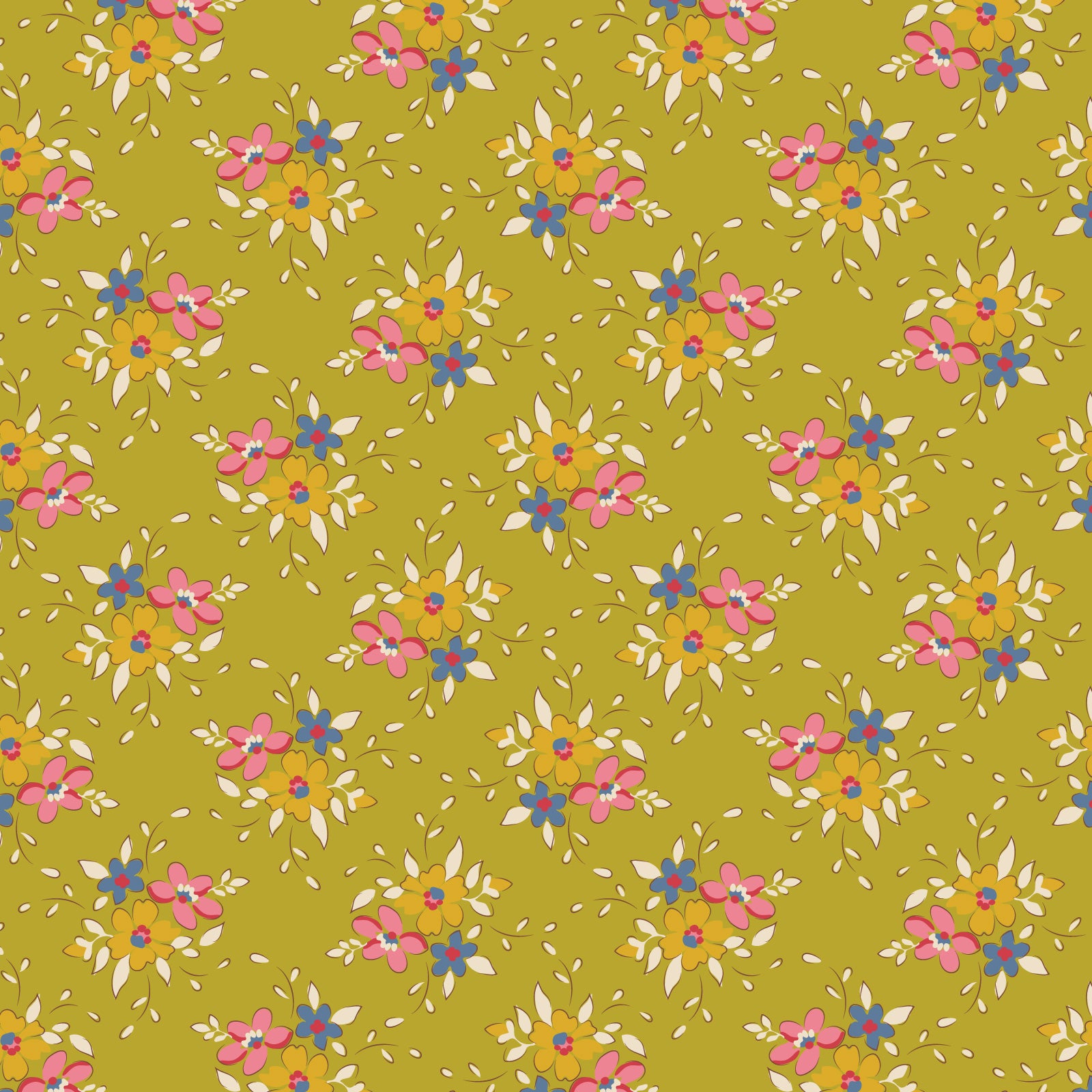 A repeating floral pattern on a lime green background, featuring pink and orange flowers with blue centers and small white leaf-like accents.
Photo by Tildafabrics.com [image_link]