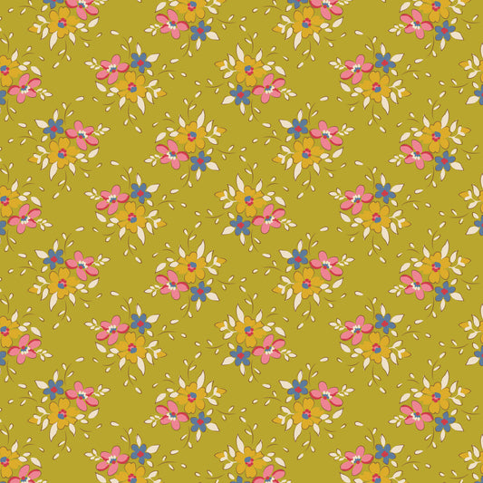 A repeating floral pattern on a lime green background, featuring pink and orange flowers with blue centers and small white leaf-like accents.
Photo by Tildafabrics.com [image_link]